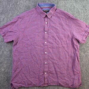 Johnston Murphy Shirt XL Red Blue Check 100% Linen Short Sleeve Button Up